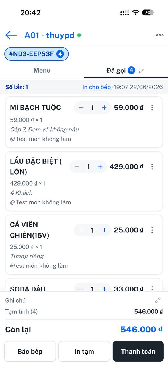 ThinkBox POS Mobile — giỏ hàng F&B với số lượng và tổng tiền