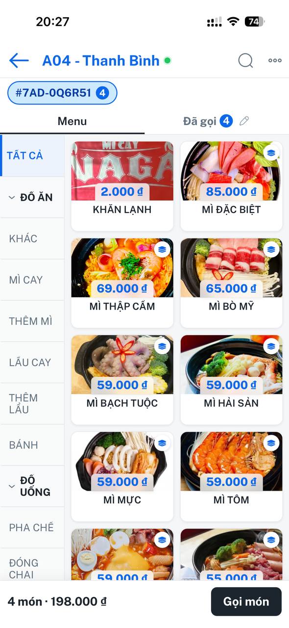 ThinkBox POS Mobile — chọn món F&B từ menu